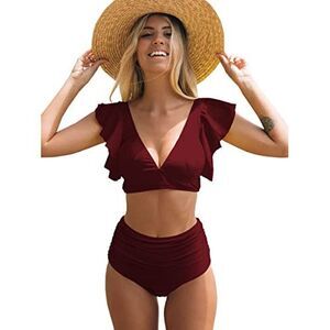 Womens Ruffle High Waist Swimsuit Push Up Tropical Bikini(Solid Red,X-Large),